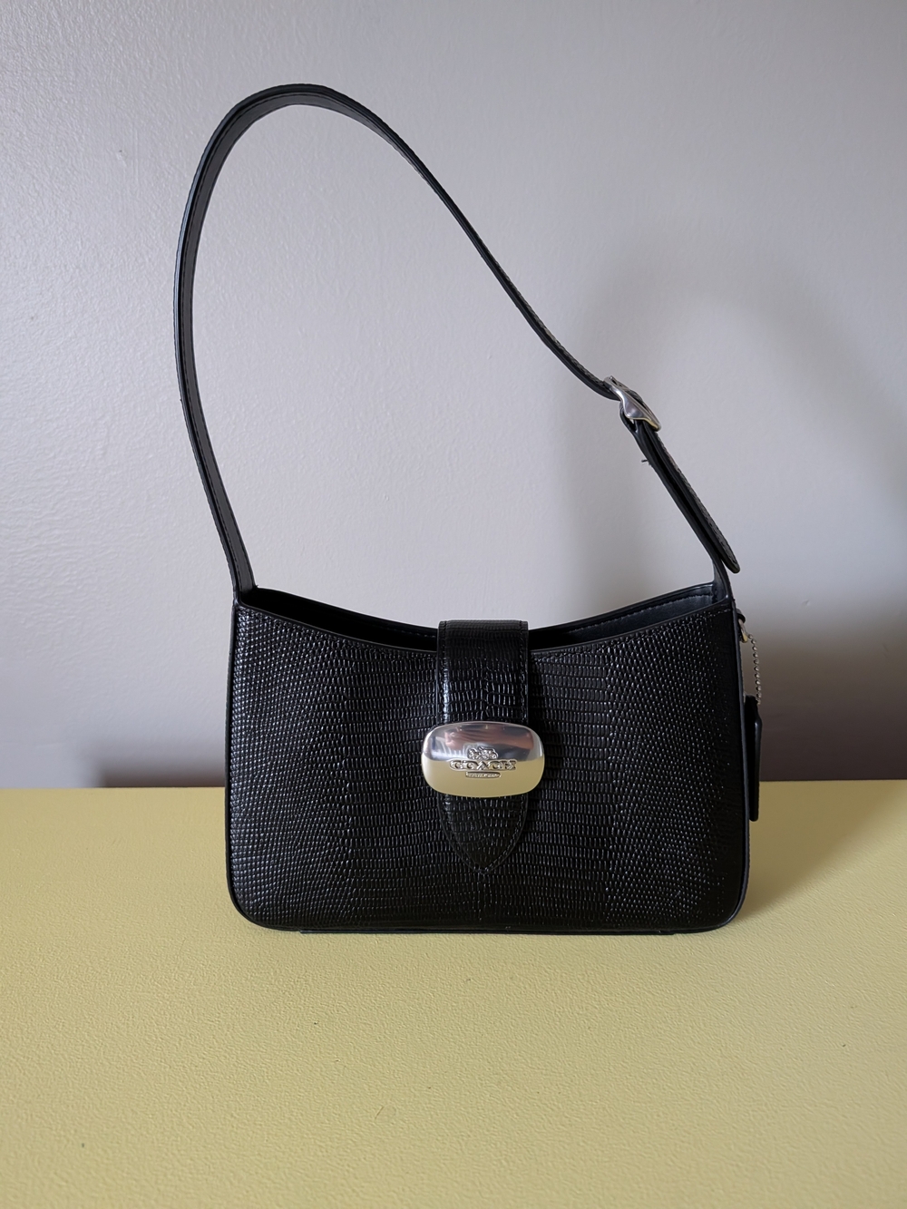 COACH Eliza Shoulder Bag Black Lizard Embossed Leather Silver CR107